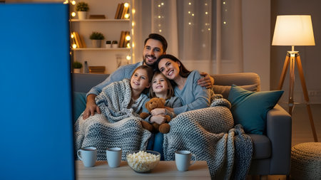 A happy family of four, including parents and two young daughters, sits together on a sofa watching television. They are wrapped in warm blankets with popcorn on the table, enjoying a cozy movie night at home.の素材