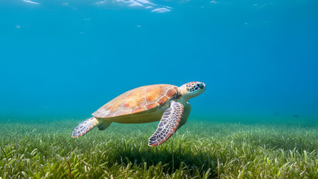 A large sea turtle swims gracefully over a lush bed of seagrass in clear, turquoise water. The vibrant marine reptile is captured in profile, highlighting the intricate patterns on its shell and flippers.の素材