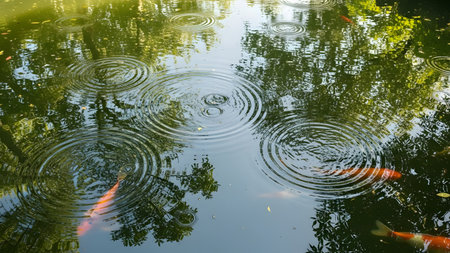 Circular rain ripples expand across the surface of a green pond, creating a peaceful geometric pattern. Orange koi fish swim beneath the surface, adding color to the tranquil water garden scene.の素材