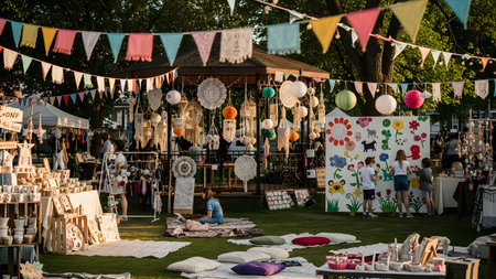 A lively outdoor market or festival scene decorated with colorful bunting and macrame crafts hanging from a gazebo. In the foreground, children are happily painting a large mural on a white board, surrounded by handmade goods and a relaxed, creative atmosphere.の素材