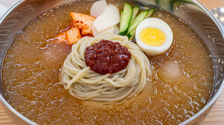 A stainless steel bowl containing Korean cold noodles, or Naengmyeon, in an icy broth. The dish is topped with a boiled egg half, cucumber slices, pickled radish, kimchi, and a dollop of spicy red paste.の素材