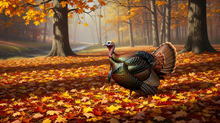 A majestic wild turkey stands amidst a carpet of golden and red fallen leaves in a serene autumn forest. The sunlight filters through the tall trees, highlighting the bird's feathers and the vibrant fall colors, perfect for Thanksgiving themes.の素材