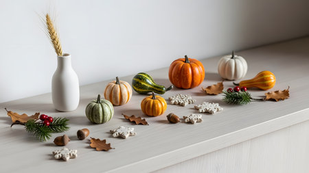 A minimalist seasonal arrangement on a light wooden shelf, transitioning from autumn to winter. The display includes small pumpkins, gourds, acorns, pine branches with red berries, and snowflake-shaped ornaments.の素材