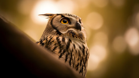 A stunning profile portrait of a Great Horned Owl perched in a forest environment with a soft, bokeh background. The image focuses on the bird's intense yellow eye, textured feathers, and alert expression.の素材