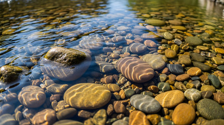 Crystal clear water flows over smooth, multicolored pebbles in a shallow riverbed. The sunlight creates dancing reflections on the submerged stones, conveying a sense of purity and tranquility in nature.の素材