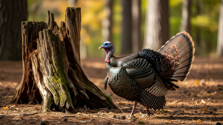 A wild turkey stands alert on the forest floor covered in pine needles and fallen leaves next to an old tree stump. The soft lighting suggests an autumn afternoon in the woods.の素材