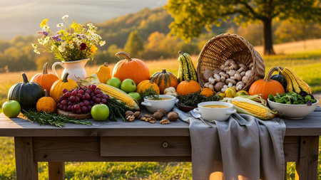 A bountiful autumn harvest table set outdoors featuring pumpkins, corn, grapes, apples, and mushrooms in a rustic basket. The scene overlooks a beautiful rolling landscape bathed in golden fall sunlight, perfect for Thanksgiving themes.の素材