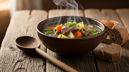 A bowl of hot, steaming beef stew filled with chunks of meat, potatoes, and carrots sits on a rustic wooden table. A wooden spoon and a slice of bread accompany the hearty, comforting meal.の素材