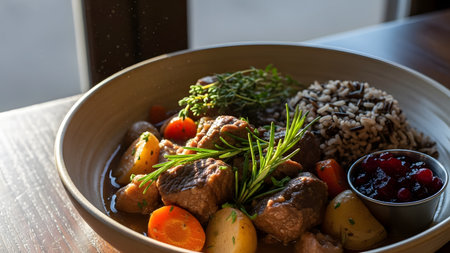 A savory plate of beef stew featuring tender meat chunks, carrots, and potatoes, served alongside wild rice and a side of cranberry sauce. Fresh herbs garnish this hearty and comforting meal.の素材