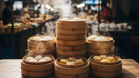 Stacks of traditional bamboo steamers filled with dumplings and buns release clouds of hot steam. The scene captures the authentic, bustling atmosphere of an Asian street food market or kitchen serving fresh dim sum.の素材