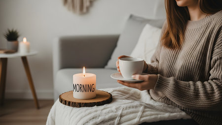 A cozy morning scene featuring a woman in a sweater holding a cup of coffee next to a burning candle labeled 'Morning'. The warm atmosphere evokes feelings of relaxation and a calm start to the day.の素材