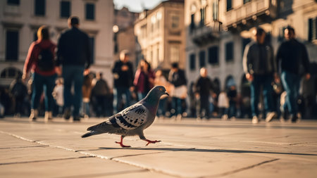 A rock pigeon walking across a paved city square with blurred people in the background. The low-angle shot captures the urban wildlife amidst a busy human environment.の素材