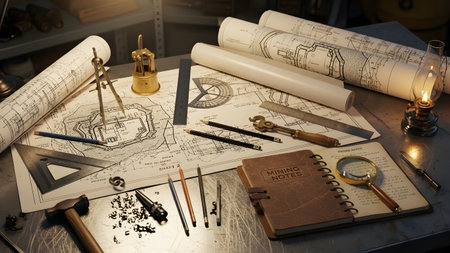 A cluttered vintage workspace featuring mining blueprints, drafting tools, a compass, and an oil lamp. The scene evokes a sense of historical engineering, architecture, and exploration planning.の素材