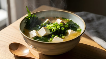 A ceramic bowl of hot miso soup containing soft tofu cubes, seaweed, and chopped green onions. Steam rises from the savory broth, placed on a wooden table with a wooden spoon, representing a comforting traditional Japanese meal.の素材