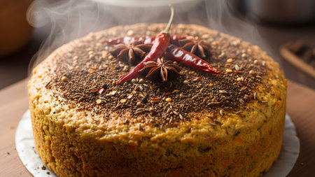 A close-up of a freshly baked, steaming spiced cake topped with whole red chili peppers and star anise. The texture of the cake and the rising steam suggest a warm, savory, and aromatic treat.の素材