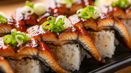 A close-up of delicious Unagi (eel) sushi nigiri, glazed with savory sauce and topped with chopped green onions. The grilled eel sits on seasoned rice, presented on a dark ceramic plate.の素材