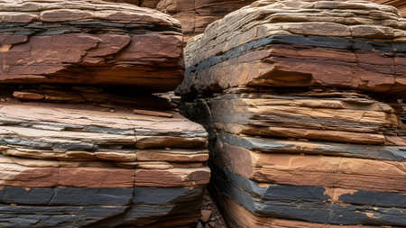 A detailed close-up shot of sedimentary rock formations, highlighting the rugged texture and distinct layers of red, orange, and grey stone. The image showcases the natural erosion patterns and geological history typical of canyon landscapes.の素材