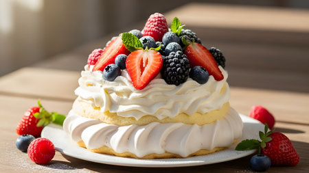 A stunning Pavlova cake topped with swirls of whipped cream and a generous amount of fresh strawberries, blackberries, blueberries, and raspberries. The meringue-based dessert is dusted with powdered sugar, sitting on a white plate in soft natural light.の素材