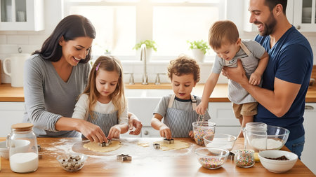 A cheerful family with two young children enjoys baking cookies together in a bright kitchen. The kids are using cookie cutters on rolled dough while the parents supervise, with flour and sprinkles scattered on the table for messy fun.の素材