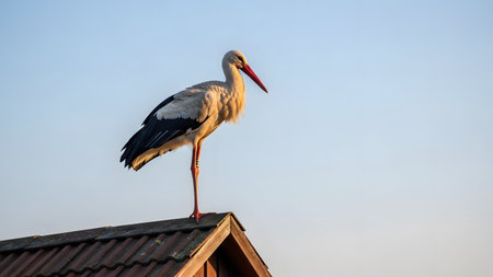 A majestic white stork stands on the peak of a tiled roof against a clear blue sky. This classic scene symbolizes nature coexisting with human habitation in a rural setting.の素材