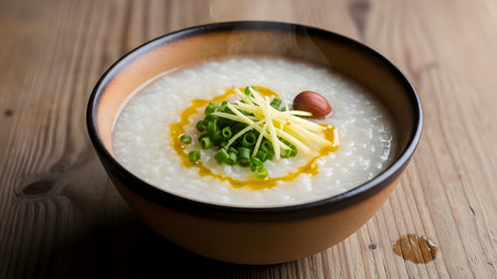 A steaming bowl of rice porridge or congee, garnished with fresh ginger strips, chopped green onions, and a peanut. The warm, comforting meal is presented in a ceramic bowl on a rustic wooden table.の素材