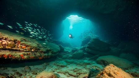 A scuba diver explores a large underwater cave illuminated by natural light beams from above. A school of fish swims near the rocky formations, creating a mesmerizing marine scene.の素材