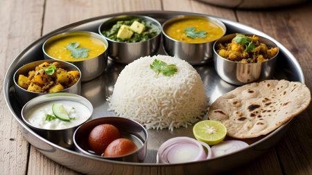 A traditional stainless steel plate serving an Indian Thali meal featuring rice, various vegetable curries, dal, roti, and dessert. This wholesome vegetarian meal represents authentic Indian cuisine.の素材