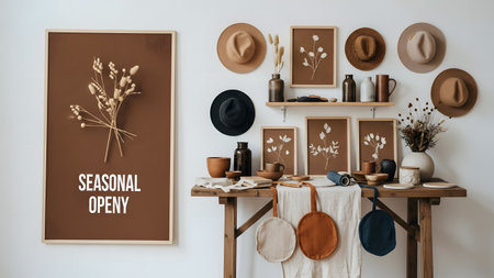 A wall decorated in a bohemian style featuring cork boards with dried flowers and hanging hats. A rustic wooden table below holds ceramic pottery and earth-toned accessories, creating a cozy interior atmosphere.の素材