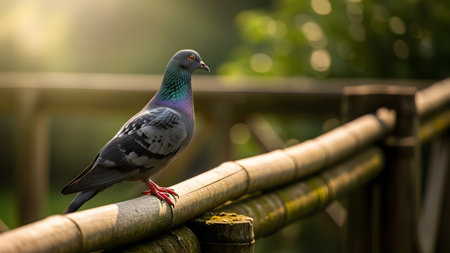 A close-up of a rock pigeon standing on a wooden railing with sunlight highlighting its iridescent neck feathers. The background consists of a soft green blur, creating a peaceful outdoor nature scene.の素材