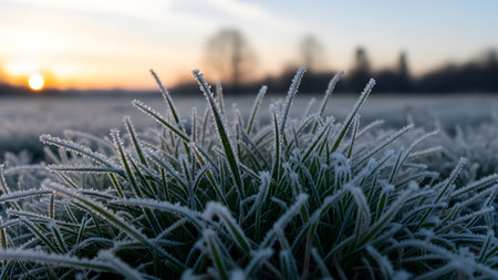 A macro close-up of grass blades covered in delicate ice crystals and hoarfrost during a cold winter morning. The background features a soft, blurred sunrise, creating a contrast between the cold textures and the warm light of dawn.の素材