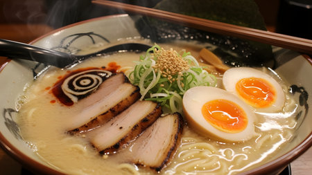 A bowl of rich Japanese ramen soup featuring slices of pork chashu, a soft-boiled egg, bamboo shoots, and green onions. The broth is creamy and topped with sesame seeds, served in a ceramic bowl with chopsticks.の素材