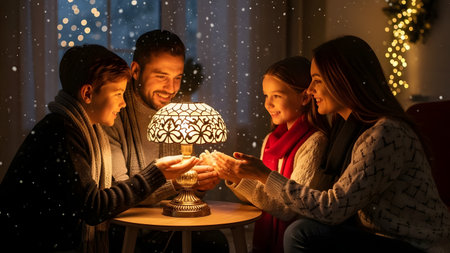 A heartwarming scene of a happy family of four gathering around a glowing vintage lamp in a cozy, dimly lit room. Snow falls gently outside the window and Christmas lights twinkle in the background, creating a magical holiday atmosphere.の素材