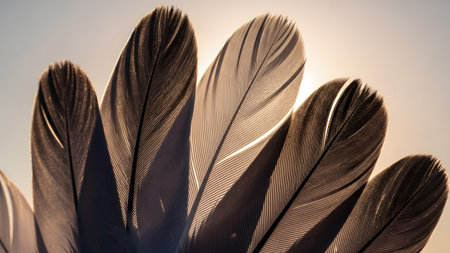 A close-up abstract shot of bird feathers backlit by the sun, revealing intricate textures and patterns. The light shines through the plumage, creating a soft, glowing, and artistic composition.の素材