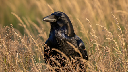 A close-up portrait of a black raven or crow standing in a field of tall, dry grass. The bird's glossy feathers and sharp beak are illuminated by warm sunlight, contrasting with the soft, blurred background.の素材