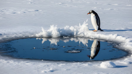A Gentoo penguin stands beside a dark blue pool of water in a frozen ice sheet. The surrounding ice crystals and the bird's reflection in the calm water create a serene and cold Antarctic scene.の素材