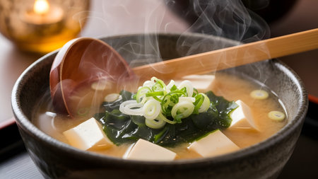 A close-up of a bowl of steaming Japanese miso soup containing tofu cubes, wakame seaweed, and sliced green onions. A wooden ladle scoops the savory broth, presenting a warm and traditional Asian dish.の素材