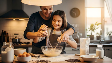 A heartwarming shot of a smiling mother helping her young daughter whisk batter in a glass bowl. They are baking together in a warm, sunlit kitchen, surrounded by ingredients like flour, eggs, and milk.の素材