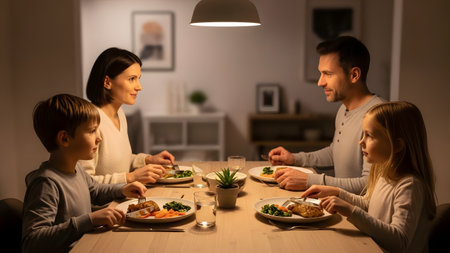 A happy family of four, including parents and two young children, sits together at a wooden dining table enjoying a healthy dinner. Warm lighting creates a cozy home atmosphere as they engage in conversation and share a meal.の素材
