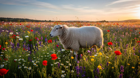 A solitary white sheep stands in a vibrant meadow filled with colorful wildflowers like poppies and lavender. The scene is illuminated by the warm, golden light of the setting sun, creating a peaceful rural atmosphere.の素材
