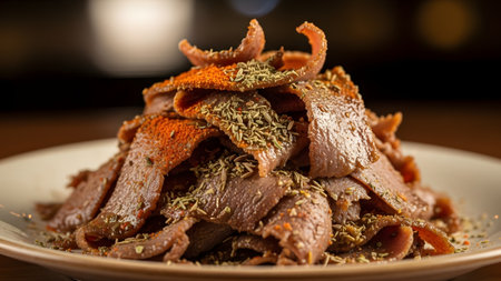 A generous pile of thinly sliced, roasted meat, resembling Doner Kebab or Gyros, seasoned generously with dried herbs and red spices. The meat looks juicy and savory, ready to be served.の素材