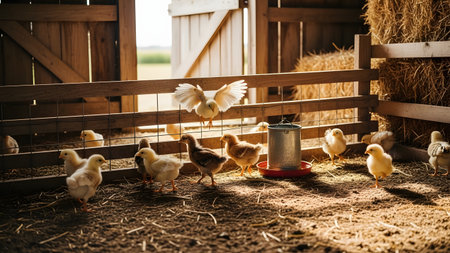 A group of fluffy yellow baby chicks in a wooden barn, with one chick fluttering its wings in the sunlight. The warm lighting and straw bedding create a cozy and natural farm atmosphere.の素材