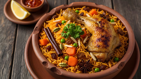 A flavorful dish of spiced chicken leg served over aromatic yellow rice, garnished with almonds, raisins, and cinnamon sticks. The meal is presented in a rustic clay bowl, representing traditional Middle Eastern or Indian cuisine.の素材