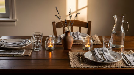 A warm and inviting rustic dining table setting featuring white plates on burlap placemats and grey striped napkins. The table is decorated with a clay vase holding dried lavender and lit mason jar candles, illuminated by golden afternoon sunlight.の素材
