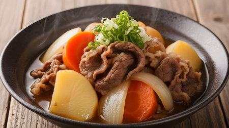 A bowl of Nikujaga, a traditional Japanese beef and potato stew, is served hot with steam rising. The dish features tender meat, carrots, onions, and potatoes in a savory soy-based broth.の素材