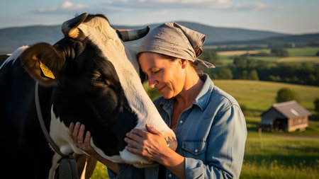 A female farmer affectionately hugs a dairy cow in a green pasture during a golden sunset. The warm light illuminates their bond, highlighting the peaceful rural farm landscape and rolling hills in the background.の素材