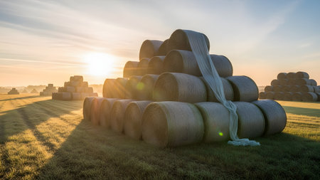 A pyramid stack of round hay bales sits in a harvested field at sunrise. Some bales are draped with a sheer white cloth, glowing in the warm golden light against a backdrop of mist and trees.の素材