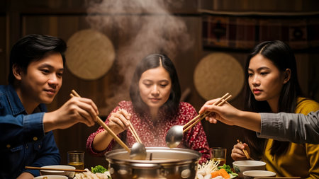 A group of friends enjoys a communal hot pot dinner, using chopsticks and ladles to cook food in a steaming pot of broth. The scene captures the joy of shared dining and Asian culinary culture.の素材