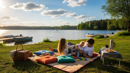 A happy family of three enjoys a relaxing picnic on a blanket by a calm lake at sunset. The parents play with their young child amidst pillows and a picnic basket, surrounded by green grass and a scenic waterfront view with boats.の素材