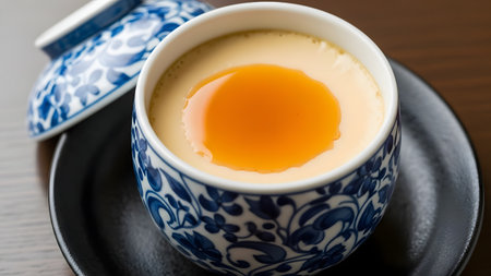 A smooth and savory Japanese steamed egg custard, known as Chawanmushi, served in a traditional blue and white floral ceramic cup. The dish is topped with a glossy amber sauce, resting on a dark saucer.の素材