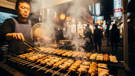 A chef grills delicious Yakitori chicken skewers on a charcoal grill at a busy night market. Smoke rises from the sizzling meat as the vendor focuses on cooking, capturing the authentic atmosphere of Japanese street food culture.の素材